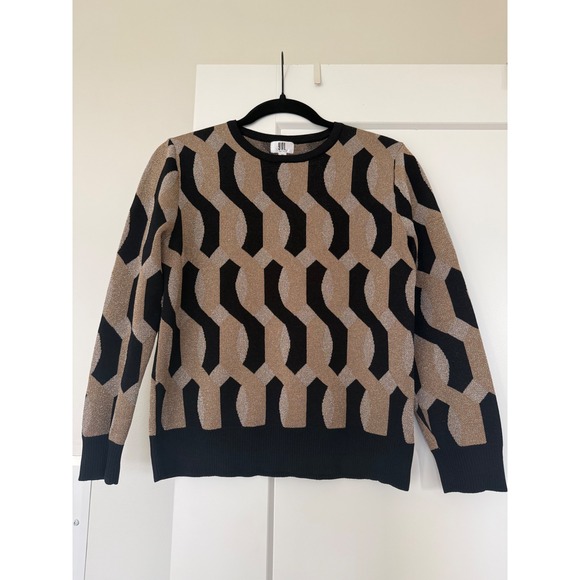 YAL New York Sweaters - YAL New York Womens Metallic Geometric Glitter Knit Sweater Black Gold Silver M